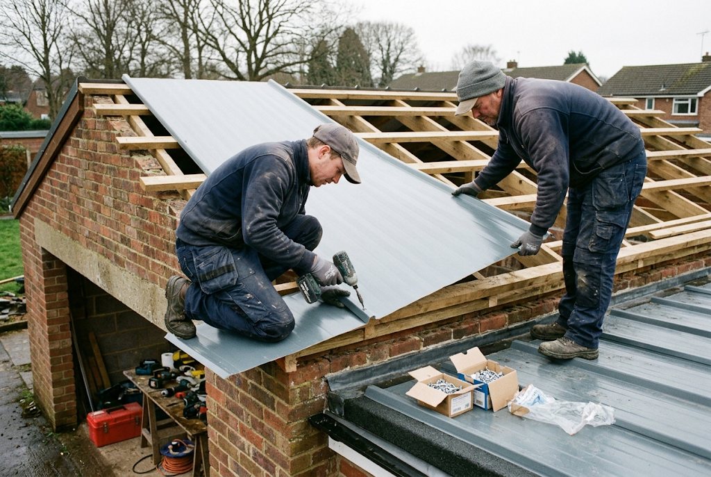 Illustration of solar panels on a garage roof feeding a house and a battery
